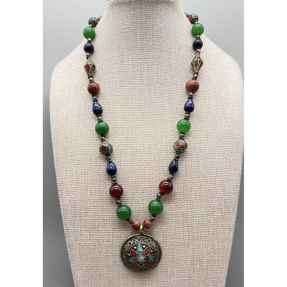 The Unbranded Brand Jewelry - Tibetan Inlay Dome Pendant Necklace Boho Mixed Glass/Semi Precious Beads & Stone
